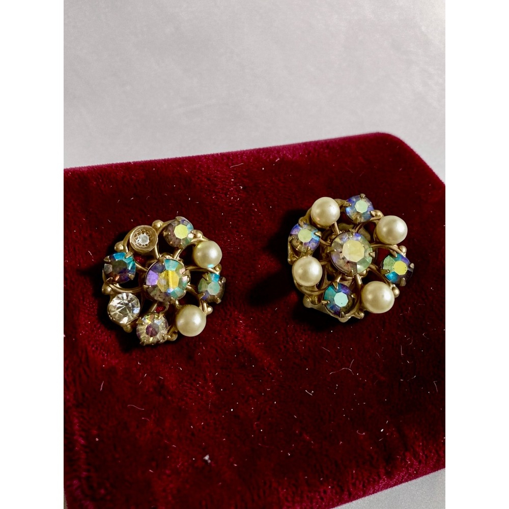 Vintage Blue AB Rhinestone Faux Pearl Gold Tone Clip On Cluster Earrings - Picture 2 of 6